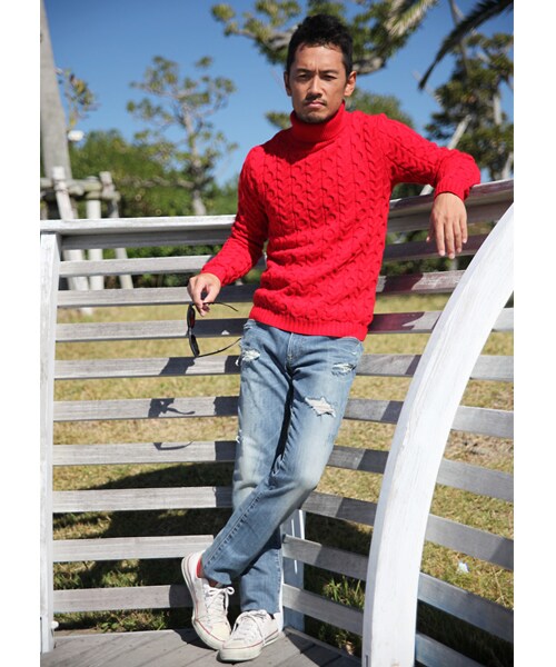 THE STRAND（ストランド）の「ケーブルタートルニット（ニット/セーター・メンズ・ネイビー/ホワイト/レッド・S/M/L）」の9枚目の写真