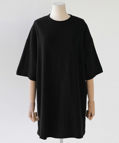 DHOLIC(ディーホリック)の「モダール素材サイドスリットハーフスリーブTシャツ(Tシャツ/カットソー・レディース・ホワイト/ディープグリーン/ブラック/マスタード・FREE)」の2枚目の写真