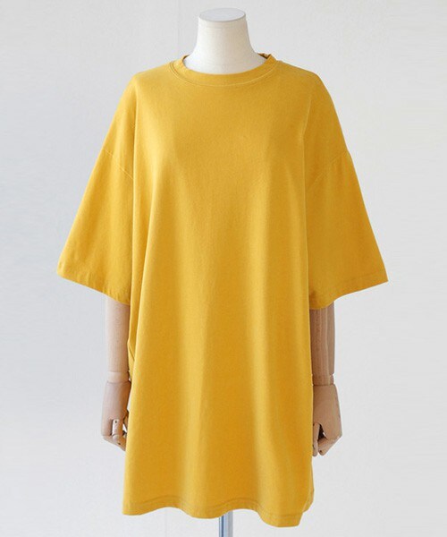 DHOLIC(ディーホリック)の「モダール素材サイドスリットハーフスリーブTシャツ(Tシャツ/カットソー・レディース・ホワイト/ディープグリーン/ブラック/マスタード・FREE)」の4枚目の写真