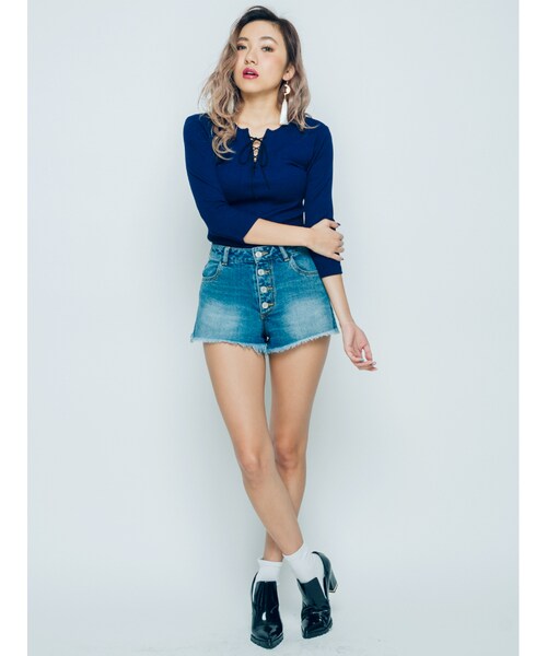 EVRIS(エヴリス)の「レースアップリブTOPS(トップス・レディース・ホワイト/ピンク/マスタード/ネイビー・F)」の6枚目の写真