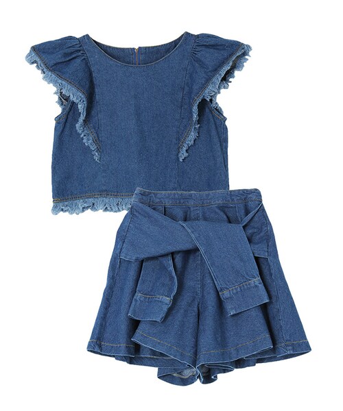 dazzlin（ダズリン）の「【sc】フリンジデニムセットアップ（ワンピース/ドレス・レディース・ホワイト/ブルー/インディゴ・S(トップス)/S(ショートパンツ)/M(トップス)/M(ショートパンツ)）」の2枚目の写真