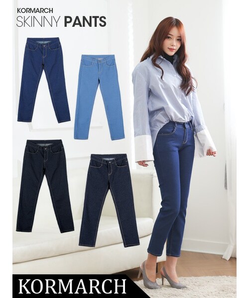 KORMARCH(コマチ)の「デニムスキニーパンツ(デニムパンツ・レディース・ブラック、スカイブルー、ディープデニム、ライトデニム・Sサイズ、Mサイズ、Lサイズ)」の1枚目の写真