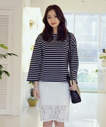 DHOLIC | ボートネックルーズフィットボーダーパターンTシャツ(Tシャツ/カットソー)