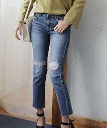 DHOLIC | フレイドヘムウォッシュドダメージストレートジーンズ(デニムパンツ)