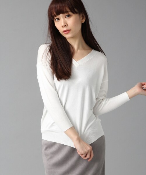 BLISS POINT(ブリスポイント)の「16SSDRVネック7分袖(トップス・レディース・ホワイト/ブラック/ライトグレー/オレンジ/ベージュ/グリーン・M/L)」の1枚目の写真