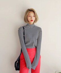 DHOLIC | ボーダーパターンハイネックリブ生地Tシャツ(Tシャツ/カットソー)