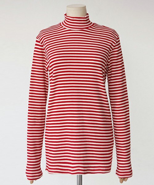 DHOLIC（ディーホリック）の「ボーダーパターンハイネックリブ生地Tシャツ（Tシャツ/カットソー・レディース・ブラック/グレー/レッド・FREE）」の3枚目の写真