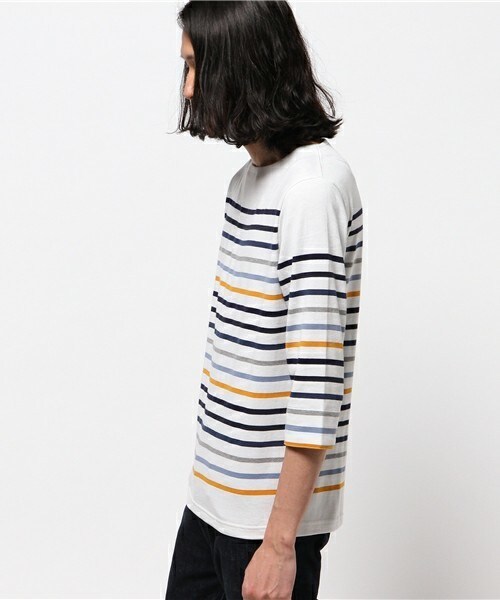 UNION STATION（ユニオンステーション）の「マルチボーダーUネック7分丈カットソー（Tシャツ/カットソー・メンズ・グリーン/レッド/オレンジ・MEDIUM/LARGE/SMALL/LL）」の4枚目の写真