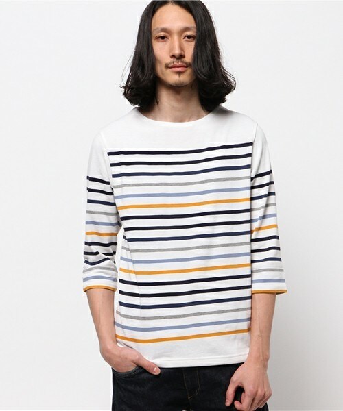 UNION STATION（ユニオンステーション）の「マルチボーダーUネック7分丈カットソー（Tシャツ/カットソー・メンズ・グリーン/レッド/オレンジ・MEDIUM/LARGE/SMALL/LL）」の3枚目の写真