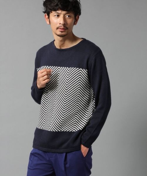 BLISS POINT（ブリスポイント）の「ジグザグボーダーＫＮ（トップス・メンズ・ホワイト/ネイビー・M）」の2枚目の写真