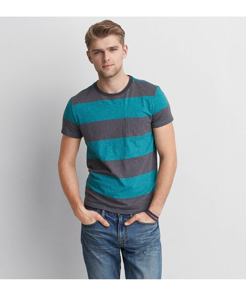 American Eagle（アメリカンイーグル）の「AEOストライプクルーネックTシャツ（Tシャツ/カットソー・メンズ・グレー/ターコイズ/ブルー/タンジェリンクラッシュ・XS/S/M/L/XL/XXL/XXXL）」の2枚目の写真