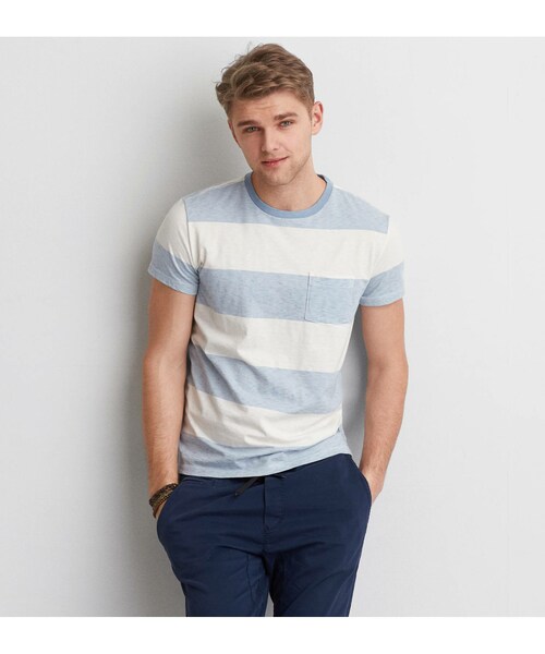 American Eagle（アメリカンイーグル）の「AEOストライプクルーネックTシャツ（Tシャツ/カットソー・メンズ・グレー/ターコイズ/ブルー/タンジェリンクラッシュ・XS/S/M/L/XL/XXL/XXXL）」の3枚目の写真