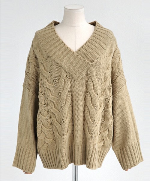 DHOLIC（ディーホリック）の「Vネックオフショルダーケーブルニットプルオーバー（ニット/セーター・レディース・グレー/ブラック/ミント/ピンク/ベージュ・FREE）」の3枚目の写真