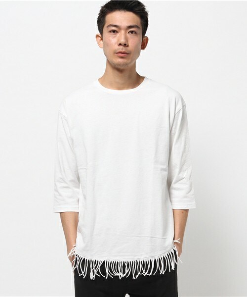 UNION STATION（ユニオンステーション）の「メンズノンノ【MEN'S NON-NO】5月号　P116　坂口 健太郎さん着用商品Uネック5分袖フリンジＴシャツ（Tシャツ/カットソー・メンズ・ホワイト/ベージュ/カーキ・SMALL/MEDIUM/LARGE）」の2枚目の写真