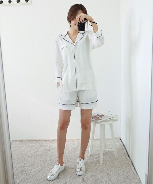 DHOLIC（ディーホリック）の「パジャマブラウス&ウエストバンドパンツSET（シャツ/ブラウス・レディース・ネイビー/ホワイト/ピンク・FREE）」の2枚目の写真