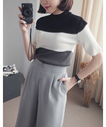 mooncat | 領配色細織上衣色(トップス)