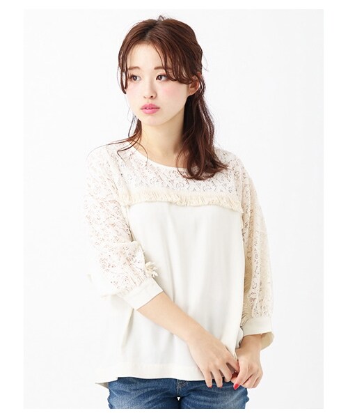 earth music&ecology（アースミュージックアンドエコロジー）の「フリンジレースドッキングプルオーバー（トップス・アイボリー/ブラック/ピンクベージュ・F）」の4枚目の写真