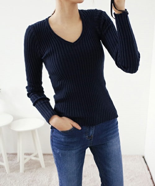 DHOLIC（ディーホリック）の「Ｖネックスリムフィットリブニットプルオーバー（ニット/セーター・レディース・ミント/ライトピンク/ネイビー/ホワイトアイボリー・ＦＲＥＥ）」の3枚目の写真