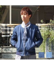 Cuirs | リブ付きノーカラーデニムブルゾン(ノーカラージャケット)