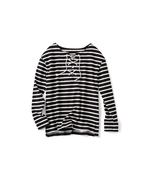 IEDIT（イディット）の「ミルブロウズ　定番スタイルの鮮度があがる　レースアップボーダートップス〈ブラック×ホワイト〉（Tシャツ/カットソー・レディース・Various・S /M /L /LL/3L）」の3枚目の写真