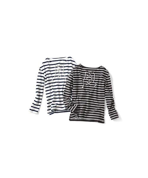 IEDIT（イディット）の「ミルブロウズ　定番スタイルの鮮度があがる　レースアップボーダートップス〈ブラック×ホワイト〉（Tシャツ/カットソー・レディース・Various・S /M /L /LL/3L）」の6枚目の写真