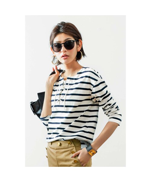 IEDIT（イディット）の「ミルブロウズ　定番スタイルの鮮度があがる　レースアップボーダートップス〈ブラック×ホワイト〉（Tシャツ/カットソー・レディース・Various・S /M /L /LL/3L）」の8枚目の写真