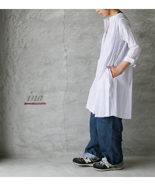 Ina イナ の Ina ヨークギャザーストライプ シャツワンピース ワンピース Wear