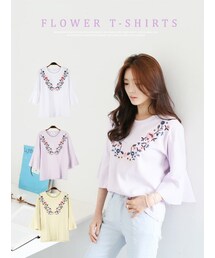 KORMARCH | 高級感のある花柄の刺繍コットンtシャツ(Tシャツ/カットソー)