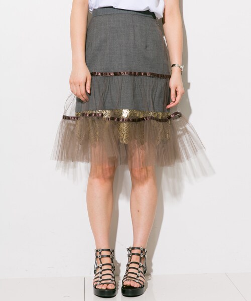 kolor（カラー）の「メタリックレースプリントスカート シルバー  