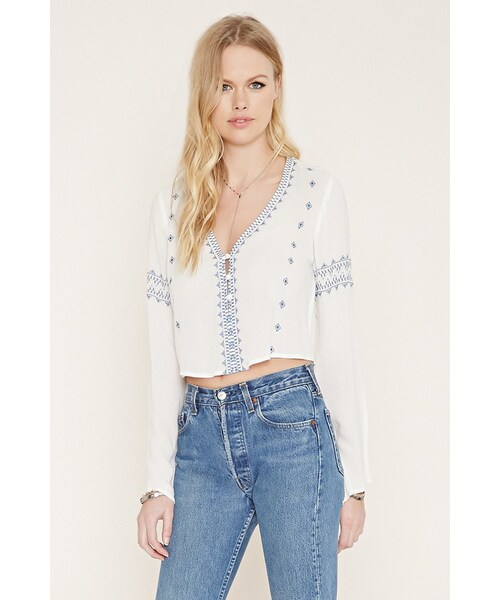 FOREVER 21（フォーエバー トゥエンティーワン）の「FOREVER 21 button-front embroidered top（シャツ/ブラウス・レディース・White/Gold・S/M/L）」の9枚目の写真