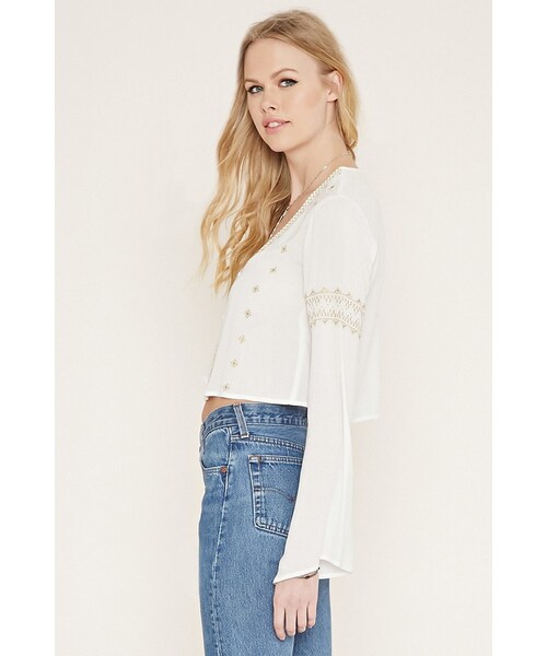 FOREVER 21（フォーエバー トゥエンティーワン）の「FOREVER 21 button-front embroidered top（シャツ/ブラウス・レディース・White/Gold・S/M/L）」の4枚目の写真