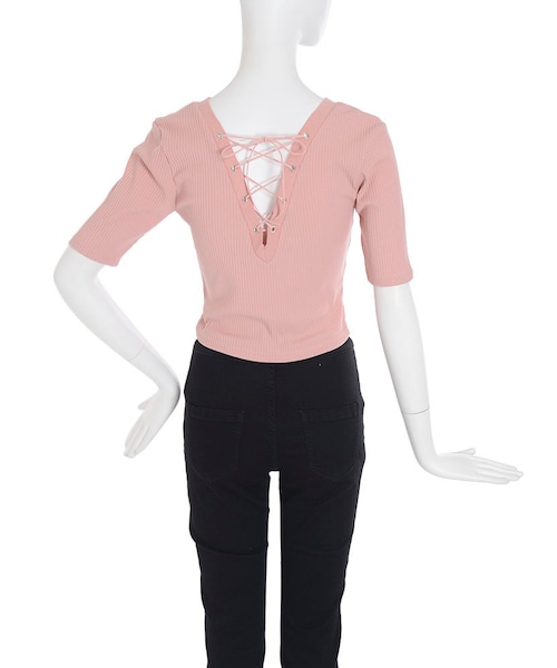 EVRIS（エヴリス）の「バックレースアップリブTOPS（トップス・レディース・ホワイト/ブラック/ピンク/マスタード/カーキ）」の10枚目の写真