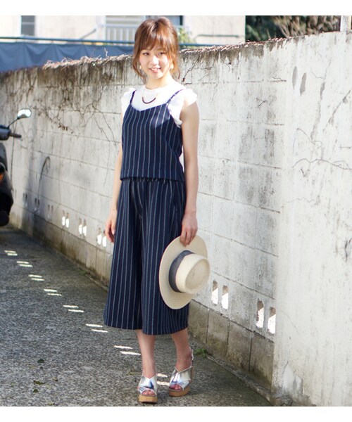 laboratory work（ラボラトリーワーク）の「【ポイント10倍】【laboratory work】ストライプビズチェ×ワイドパンツセットアップ（オールインワン・サロペット・レディース・ホワイト系/ネイビー系・M）」の2枚目の写真