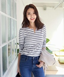 DHOLIC | スリットネックボーダーTシャツ(Tシャツ/カットソー)