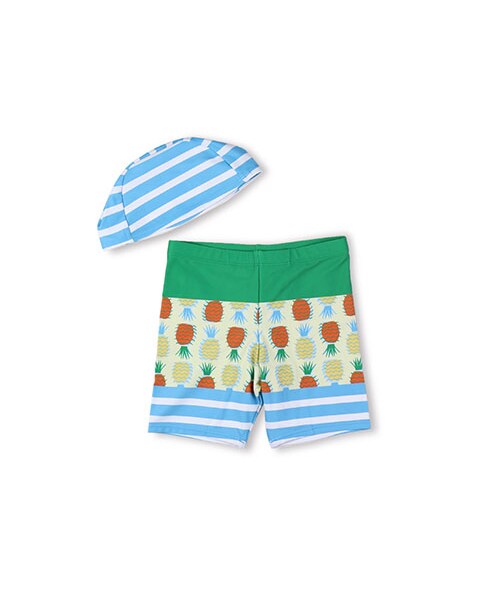 BRANSHES(ブランシェス)の「パイナップル柄スイムパンツ&キャップ(水着・キッズ・ネイビーブルー/グリーン・90~130/80~150)」の2枚目の写真