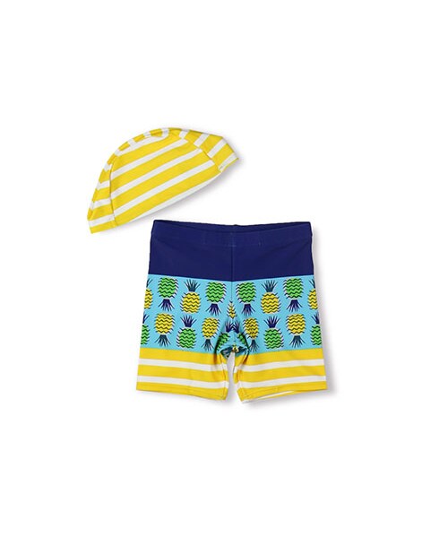 BRANSHES(ブランシェス)の「パイナップル柄スイムパンツ&キャップ(水着・キッズ・ネイビーブルー/グリーン・90~130/80~150)」の1枚目の写真