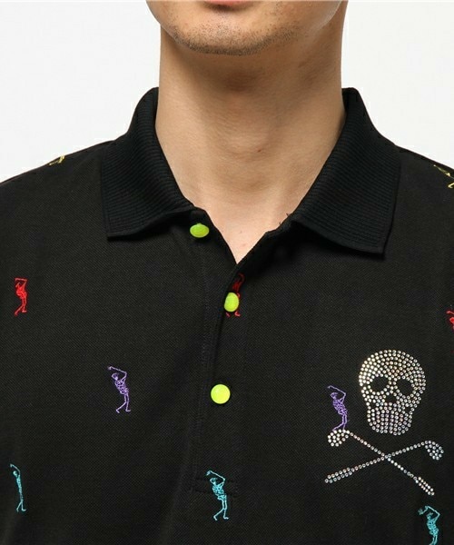 MARK & LONA 黒 ポロシャツ MARK&LONA マークアンドロナ 半袖ポロシャツ 黒×白 斜めロゴ総柄