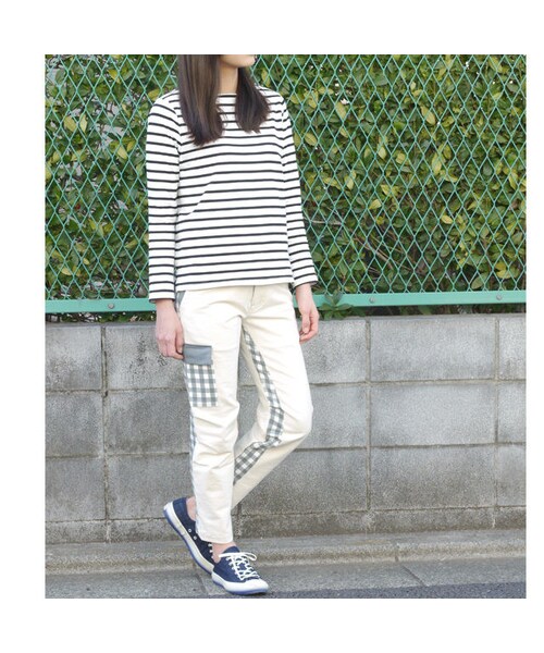 NIRAME.CO（ニラメッコ）の「武者がえしパンツ　ホワイトデニム×チェック（デニムパンツ・レディース・その他）」の3枚目の写真