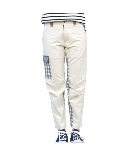 NIRAME.CO（ニラメッコ）の「武者がえしパンツ　ホワイトデニム×チェック（デニムパンツ・レディース・その他）」の2枚目の写真