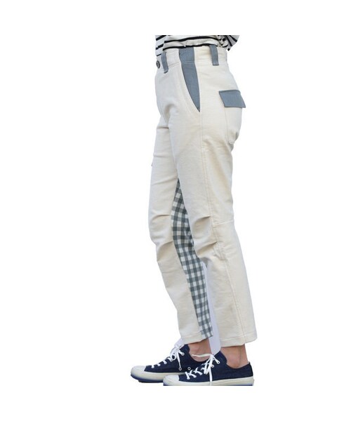 NIRAME.CO（ニラメッコ）の「武者がえしパンツ　ホワイトデニム×チェック（デニムパンツ・レディース・その他）」の4枚目の写真