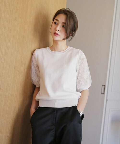 DHOLIC（ディーホリック）の「レーススリーブ半袖ニットプルオーバー（ニット/セーター・レディース・ブラック/ホワイト/ミント・FREE）」の2枚目の写真