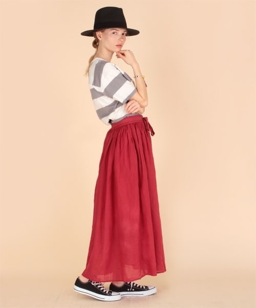 RNA-N（アールエヌエーエヌ）の「＜予約＞リネンギャザーラップスカート（スカート・レディース・ブラック/レッド・M）」の3枚目の写真