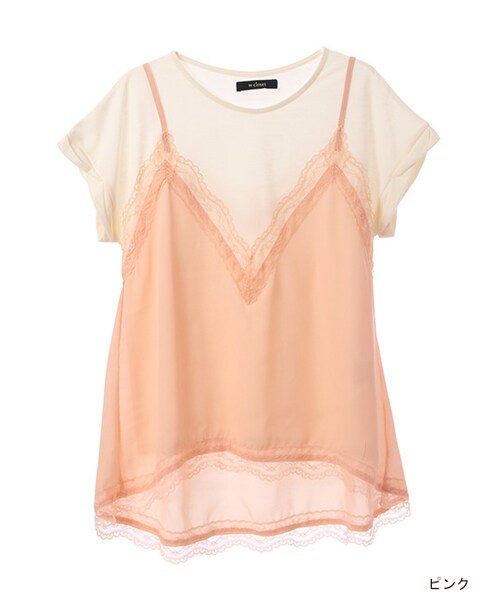 w closet(ダブルクローゼット)の「レースキャミ重ねTシャツ(トップス・レディース・オフホワイト/ピンク/ブラック・FREE)」の3枚目の写真