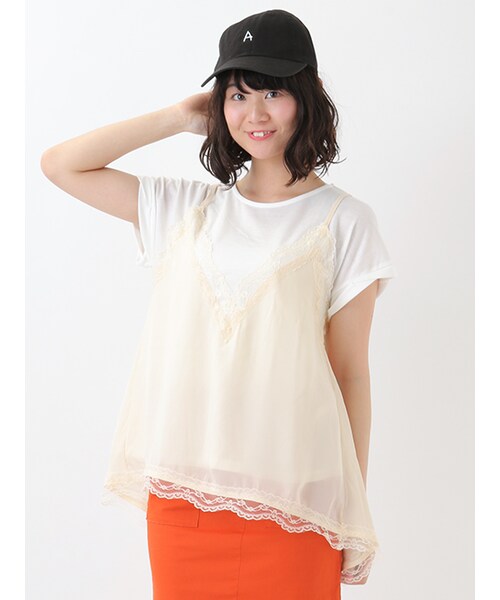 w closet(ダブルクローゼット)の「レースキャミ重ねTシャツ(トップス・レディース・オフホワイト/ピンク/ブラック・FREE)」の4枚目の写真