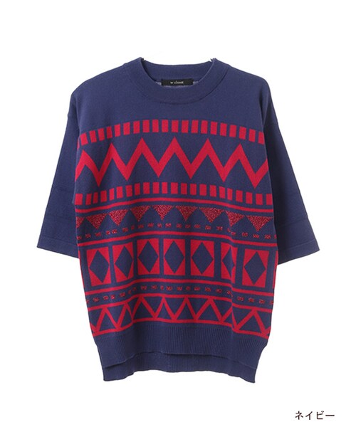 w closet(ダブルクローゼット)の「幾何柄ジャガードニット(トップス・レディース・オフホワイト/ピンクベージュ/ネイビー・FREE)」の3枚目の写真