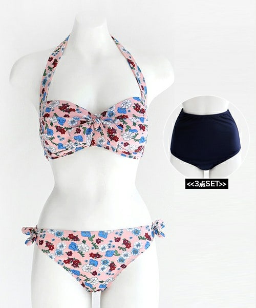 DHOLIC（ディーホリック）の「3点SETフラワーパターンビキニ（水着・レディース・ネイビー/ピンク・FREE）」の2枚目の写真