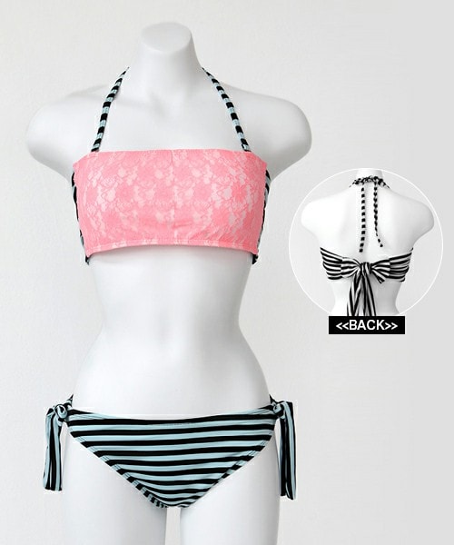 DHOLIC（ディーホリック）の「ネオンカラーレース&ボーダービキニ（水着・レディース・ネオンオレンジ/ネオンピンク・FREE）」の2枚目の写真