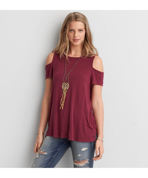 American Eagle（アメリカンイーグル）の「AEOオープンショルダーTシャツ（Tシャツ/カットソー・レディース・レド/アイスモカ/ライトブルー/バーガンディー・XXS/XS/S/M/L/XL）」の3枚目の写真