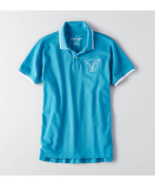 American Eagle（アメリカンイーグル）の「AEOグラフィックポロ（ポロシャツ・メンズ・グレー/ボールドブラック/ホワイト/ターコイズ/ブルー/レッド/オレンジ・XS/S/M/L/XL/XXL/XXXL）」の4枚目の写真