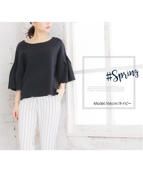 KOBE LETTUCE（コウベレタス）の「大人可愛いフリルがフェミニン度UP！[コットン100％]サイドスリット★袖フレアスリーブニットトップス[C2211]【入荷済】（Tシャツ・カットソー・レディース・グレー/ネイビー/オフホワイト・FREE）」の6枚目の写真